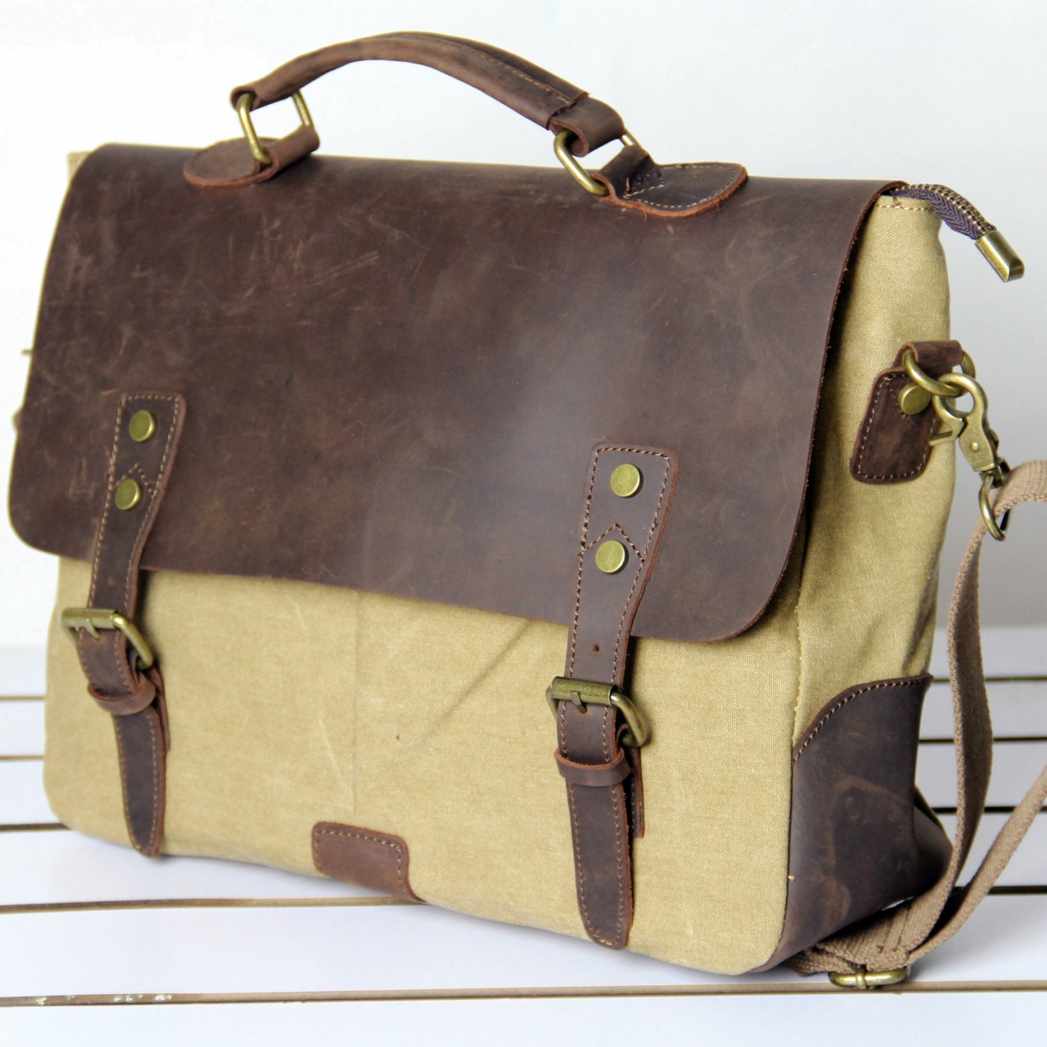 3 Colors Retro Business Casual Style Unisex Classic Handmade Crazy-Horse Leather Zipper Washed Canvas Shoulder Bag