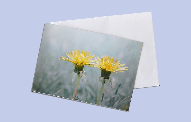 8 Miniature Note Cards-Paper Goods-Blank Greeting Card-Dandelion flowers-pastel grey green yellow floral art