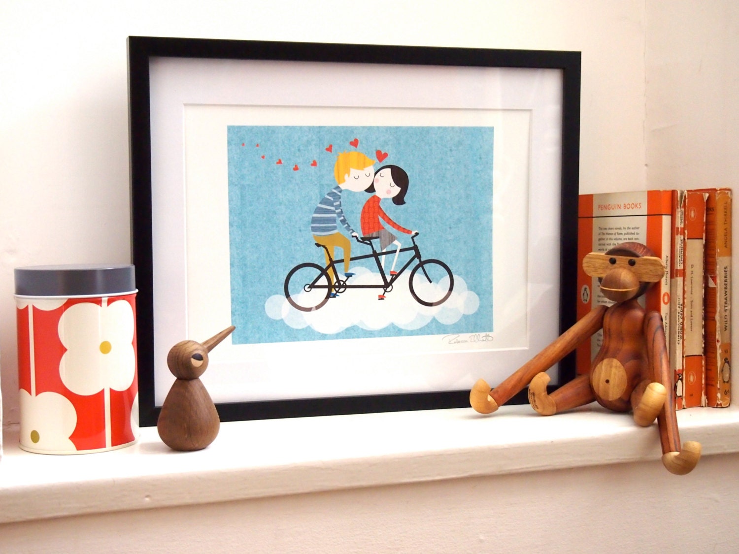 A4 'Bicycle Built for Two'  retro-modern Illustration signed print by Rebecca Elliott of lovers on a tandem