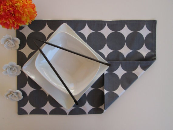 Reversible Set of 4 Placemats Dwell Studio Robert Allen Maze Dotscape Charcoal gray white designer fabric cotton place mats