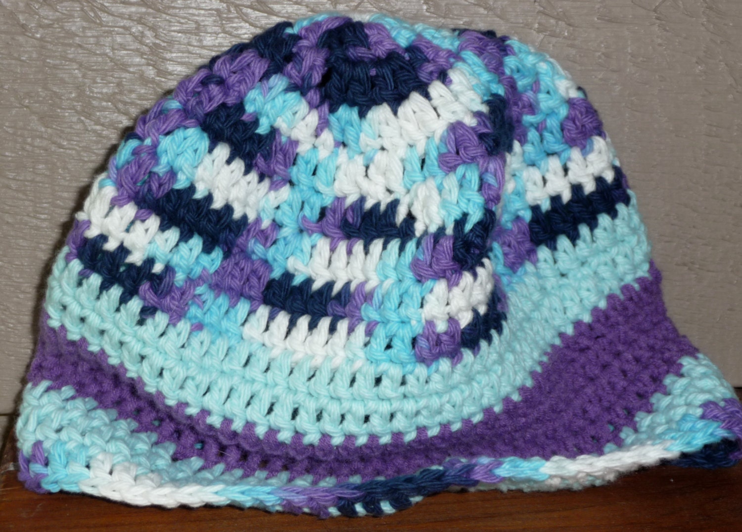 Crochet beanie hat handmade cotton Unique contrast blue purple