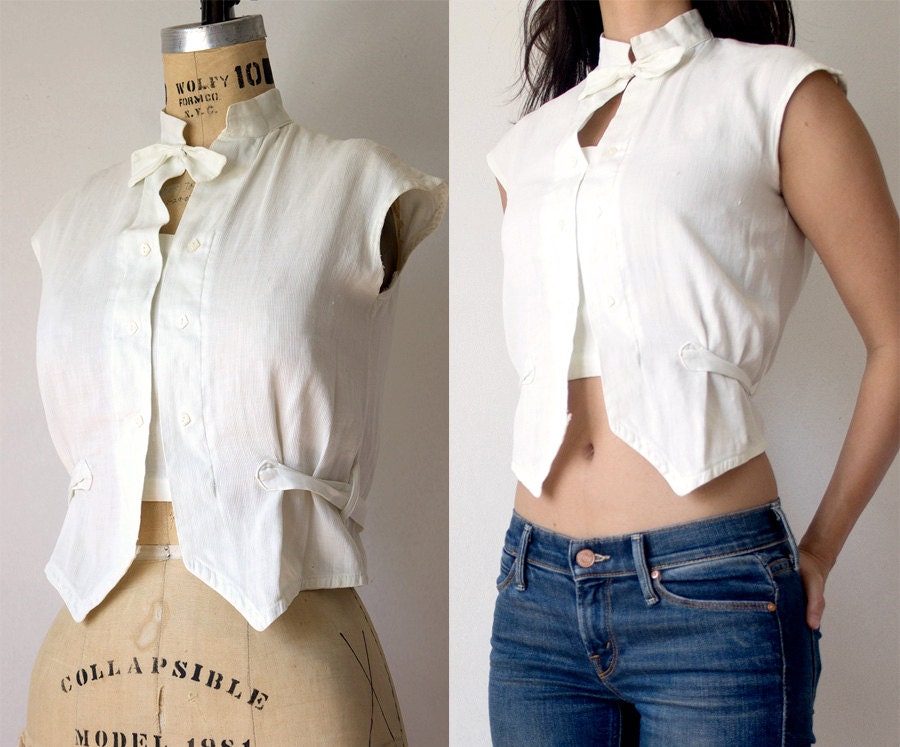 Edwardian 1910s Cropped Tux Blouse / XS White Cotton
