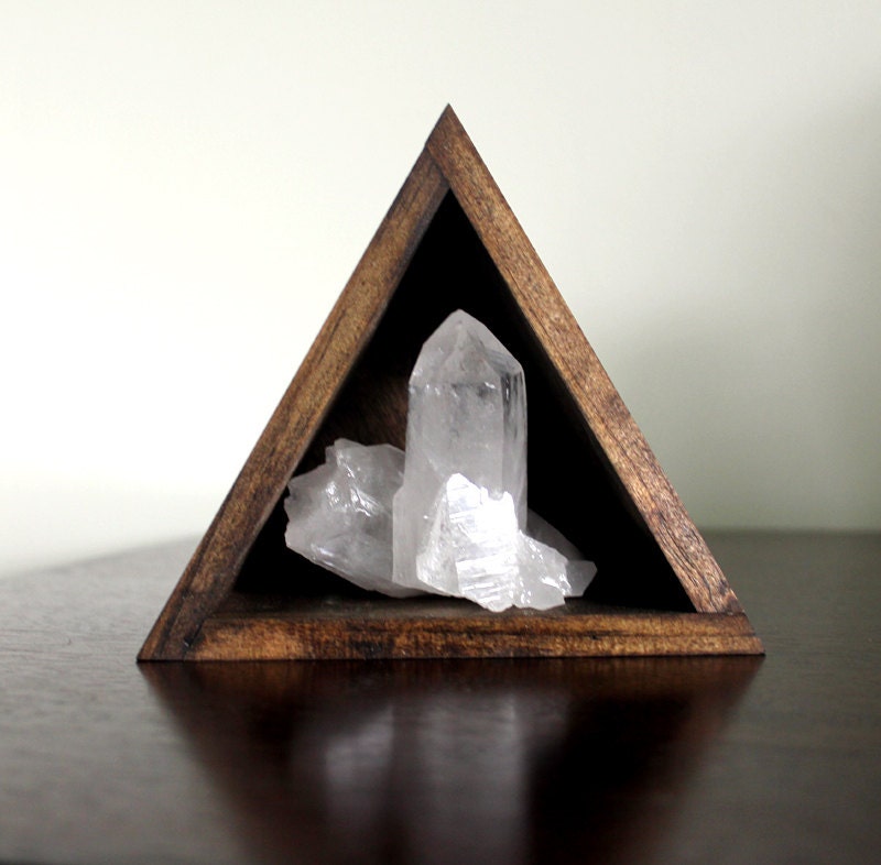 handmade wood triangle shelf with quartz point cluster