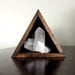 handmade wood triangle shelf with quartz point cluster