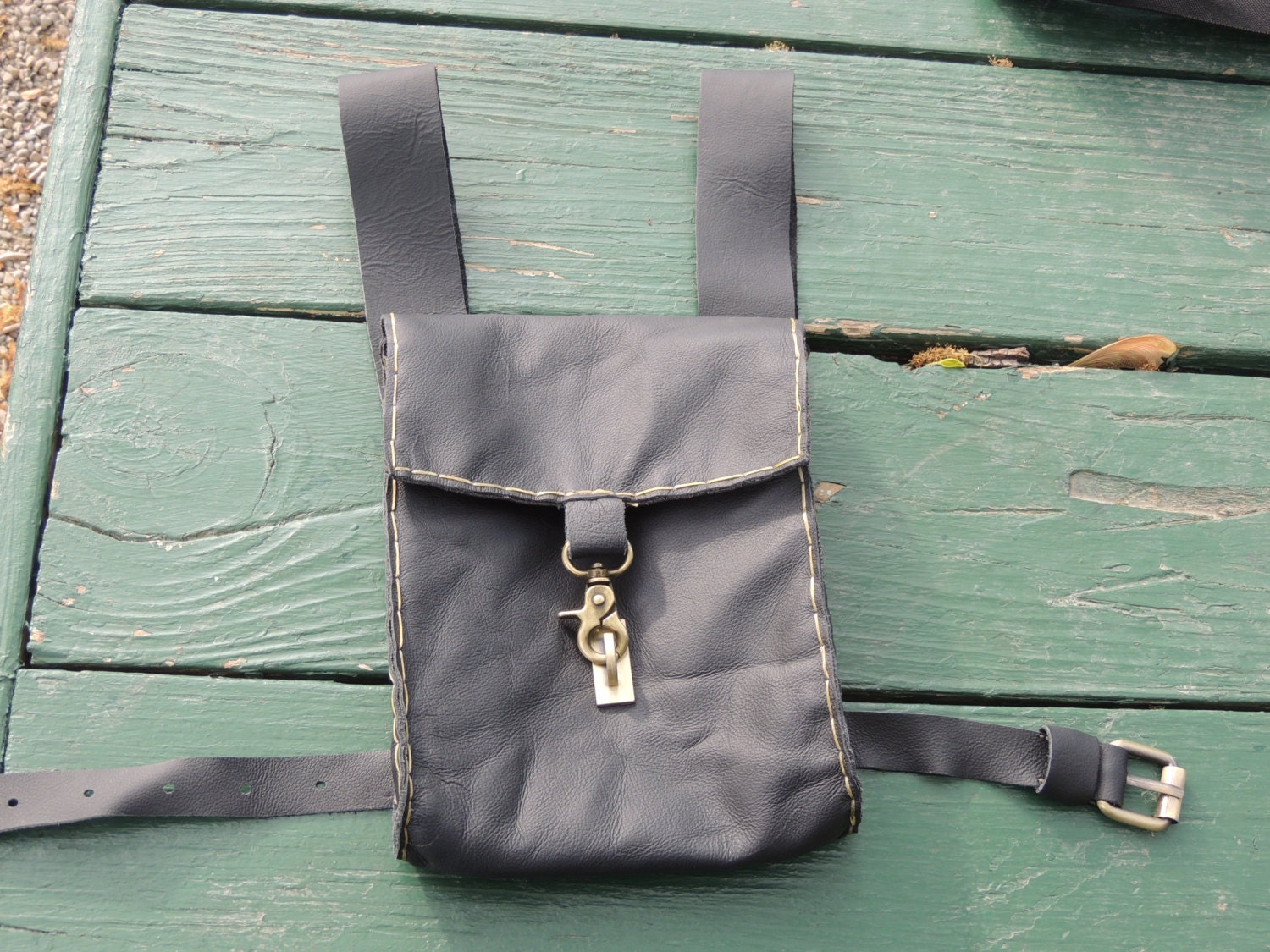 Handmade black leather adventure pouch / belt pouch / thigh pouch