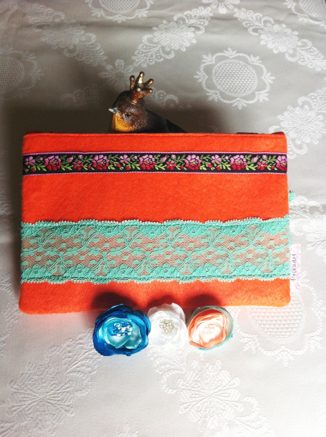 Zipper pouch orange mint lace and flower ribbon