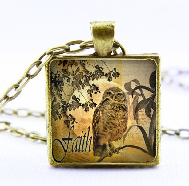 Owl Moon Inspirational Words Ephemera Pendant Necklace ,SQUARE Necklace Clear Glass Cover  Vintage Necklace,Gift