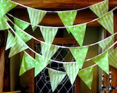 Extra long 10 meter fabric bunting in vibrant lime green spots and stripes perfect for parties, weddings, christening, baby showers