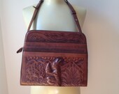 Vintage Boho Hippie Hand Tooled Indian Aztec Mexico Motif Big Shoulder Bag Purse Details...Gorgeous
