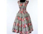 Woman handmade long dress for wedding summer party day floral pattern with band detail and bow on the back vintage rockabilly reproduction