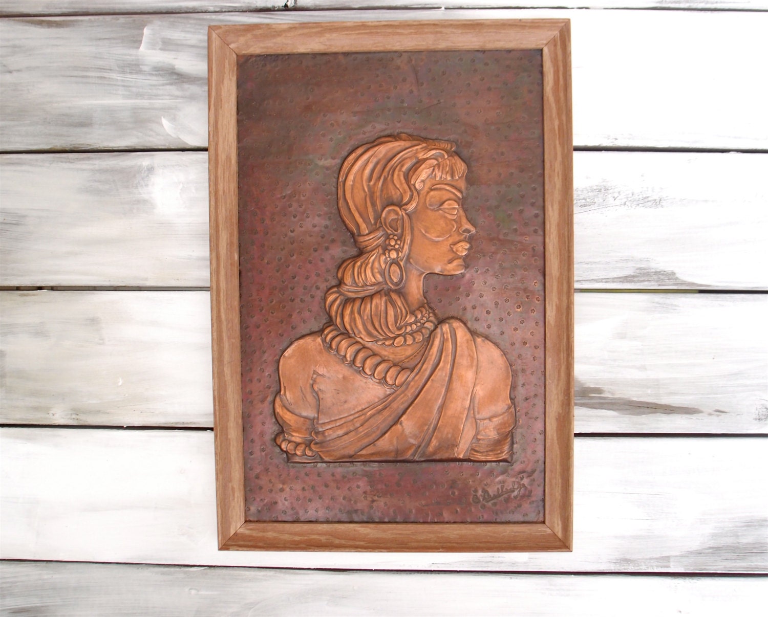 Art Framed Embossed Copper Foil / Wall Art Hanging / Mid Century
