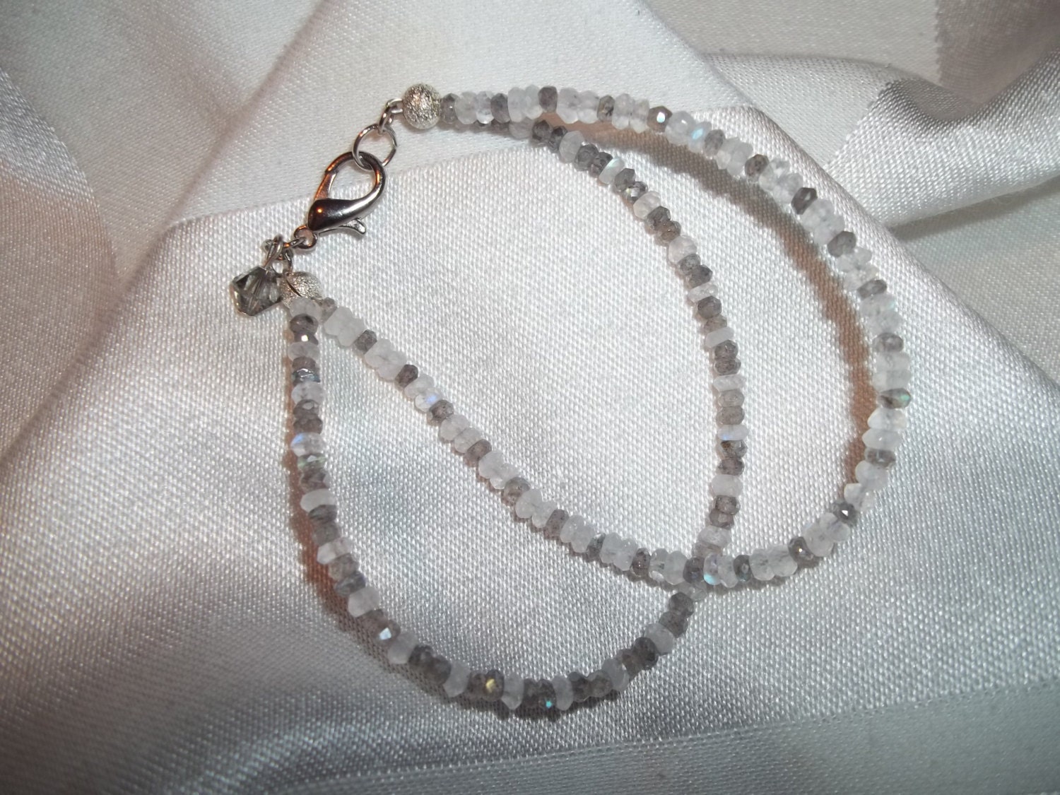 Mystic Moonstone and Mystic Labradorite Silver Bracelet Luxury with Swarowski crystal, double strand gemstones one of a kind unique jewelry
