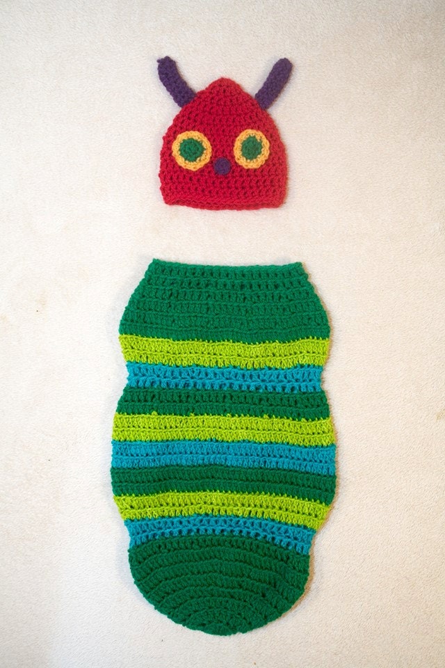 Very Hungry Caterpillar inspired newborn photography props hat and sleep cocoon