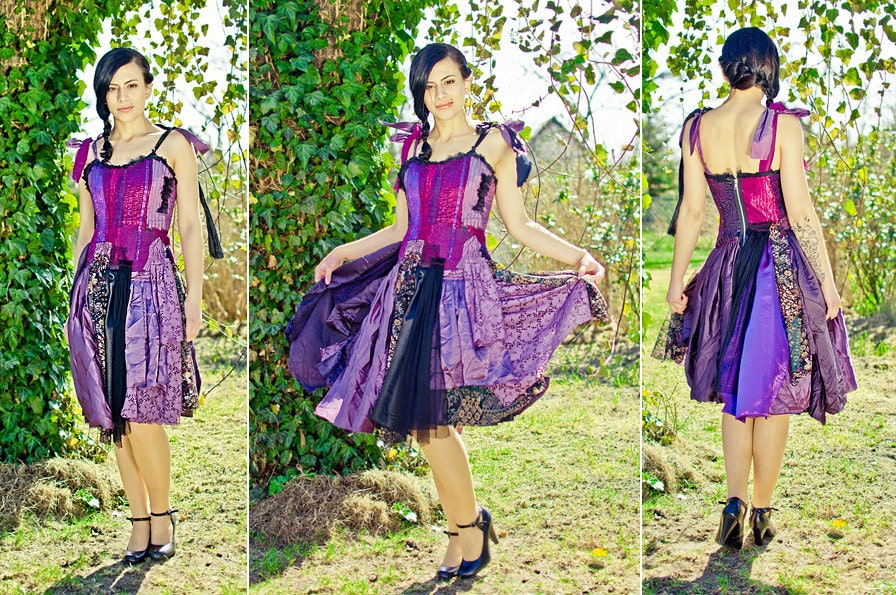Upcycled Woman's Clothing Purple Aubergine Violet Black Steampunk Tattered Patchwork Repurposed Recycled