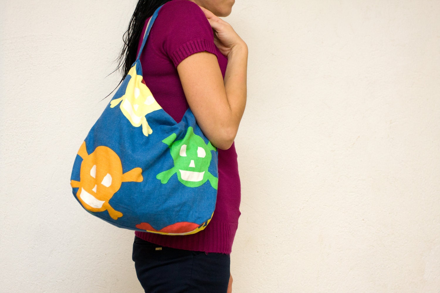 Skulls Halloween Bag, Colorful Shoulder Bag, Blue Zipper Hobo Purse with Skulls and Bones in Orange, Green, Purple and Gray