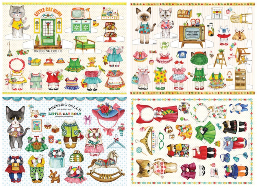 Paper doll is printed cat wears vintage clothes illustration