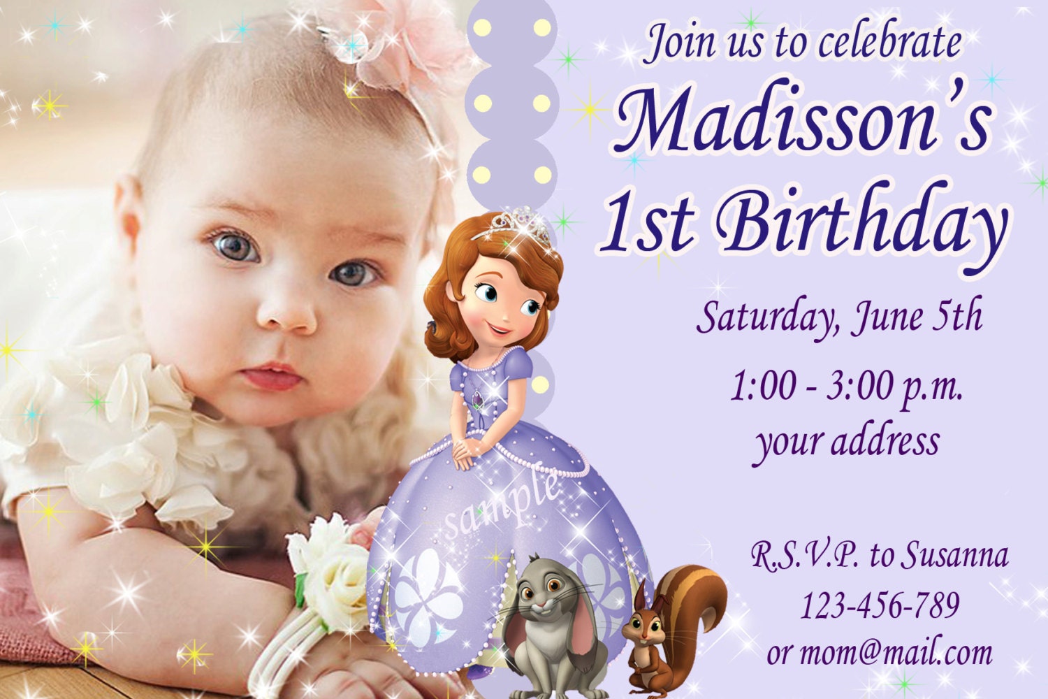sophia the first birthday invitation, or sophia the first thank you card - i can write any text