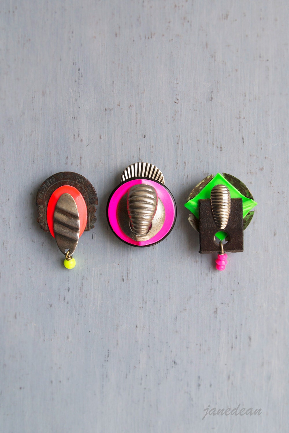 3 Neon and Rust Fridge Magnets - recycled home decor