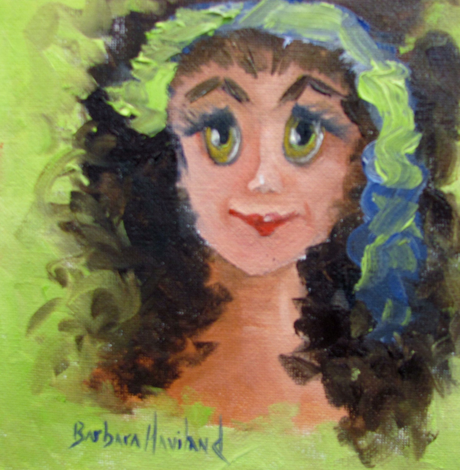 Hippie Chick  by Barbara Haviland,miniature oil,fun painting,