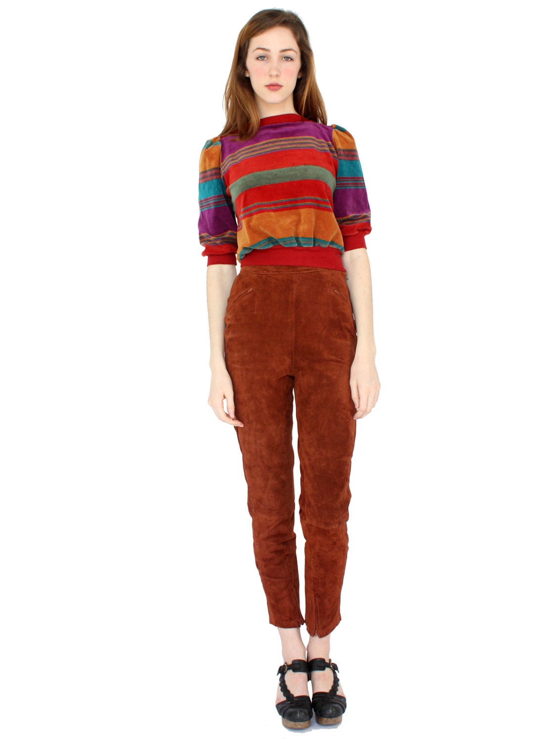 vintage 70's autumnal striped velour shirt / soft pullover velvet sweater