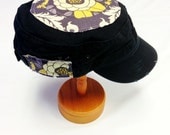 Women's Military Cap in Black - Grey and Yellow Flowers Top - Cadet Hat