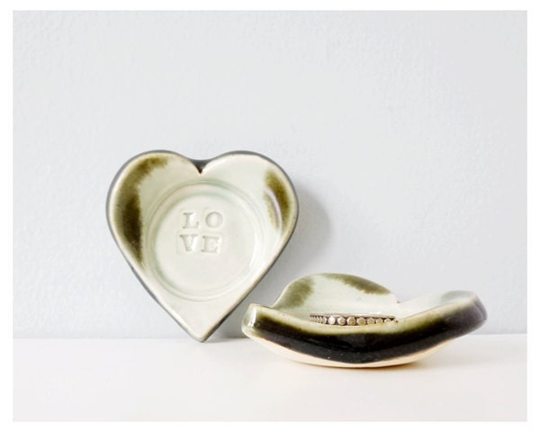 LOVE ceramic heart mint green  two small handmade pottery little trinket dish ring bowl pair
