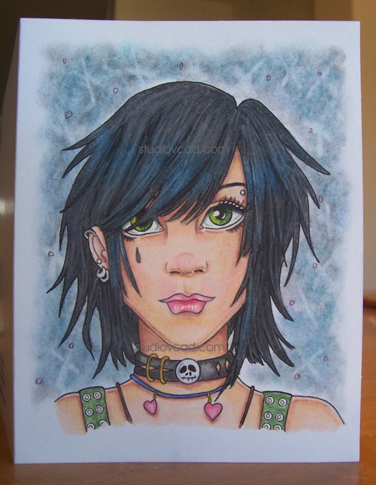 Girl drawing, ORIGINAL drawing, face illustration, card for teen, hand drawn note card, small format art, blank note card