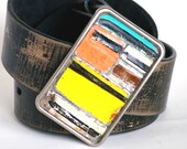 Striped Mosaic Buckle License Plate Black Yellow Vintage Metal