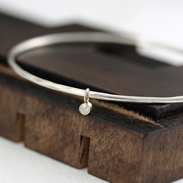 sterling silver organic carved bangle with 14k yellow gold charm with golden diamond, rustic luxe, one of a kind