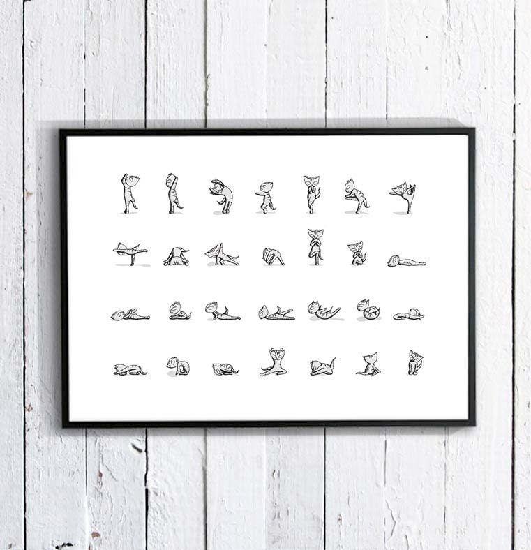 Cat art print - yoga instruction diagram exercise - A3 - large