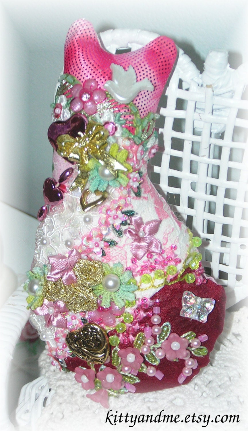 Fabric Cat Doll Valentine Crazy Quilt Pink