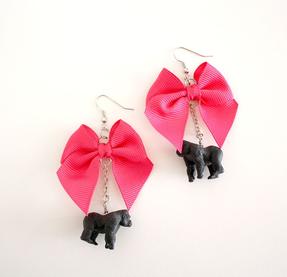Tiny Gorilla & Pink Bow Earrings