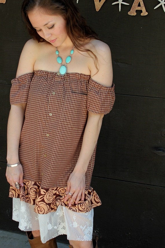 REVIVAL Upcycled Bohemian Dress/Tunic, Off the Shoulder, Plaid,Lace, Small to Medium, Recycled, Repurposed, Eco Friendly Clothing