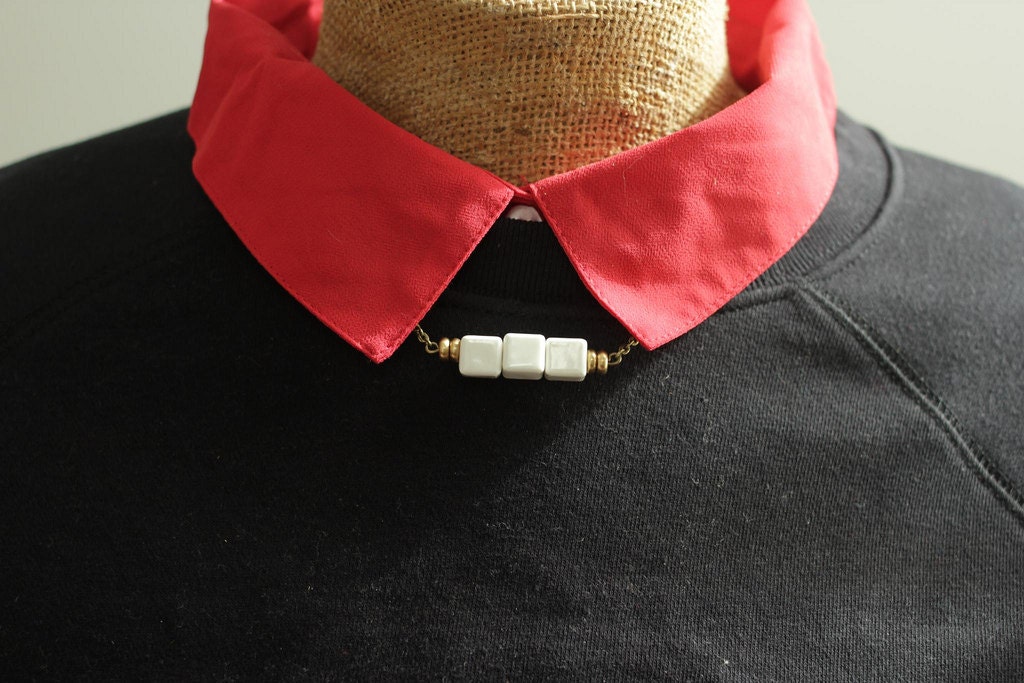 White Cube Necklace with Brass Beads on Collar Necklace