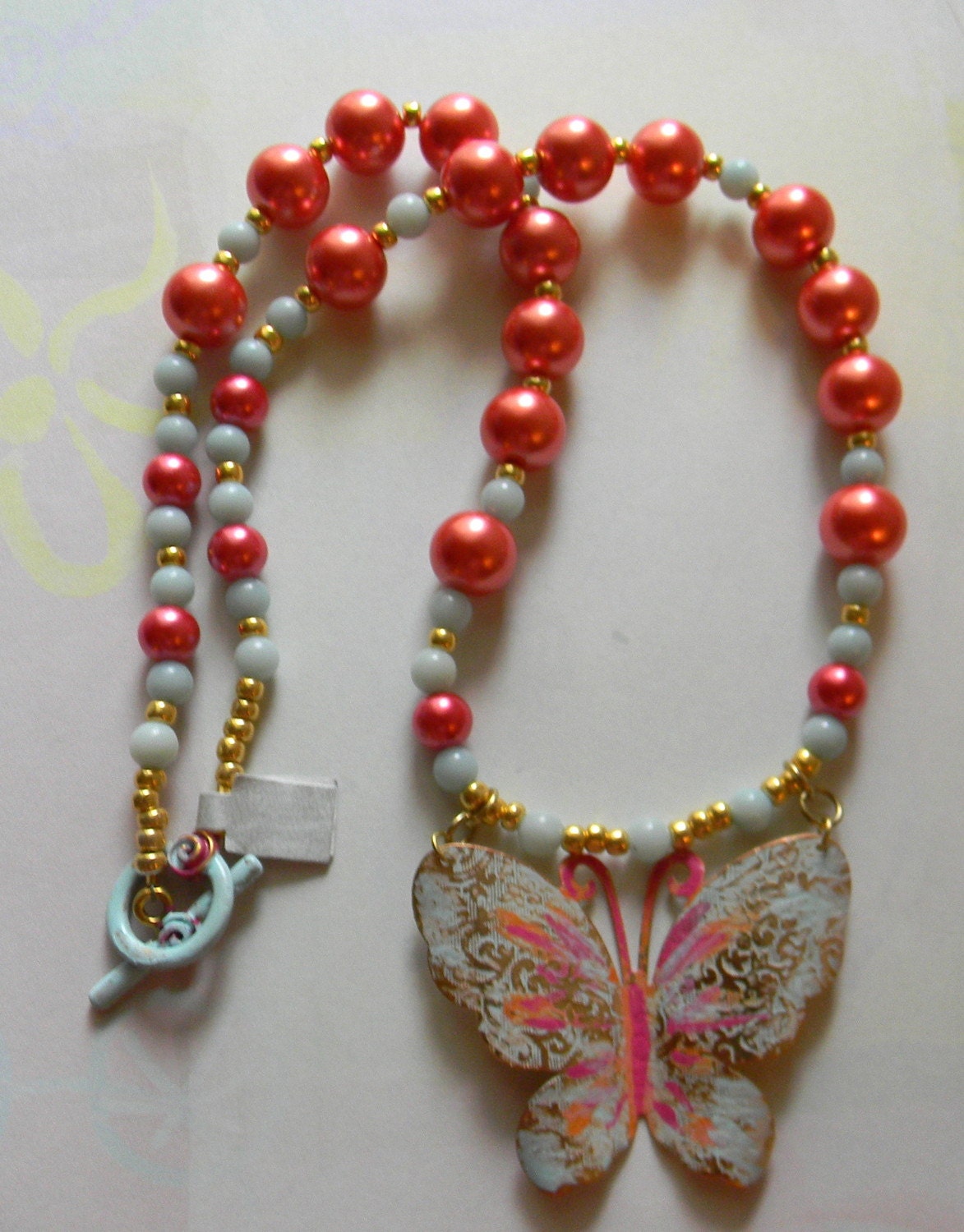 SALE Bright Pink Glass Pearls and Amazonite Gold Accents Butterfly Pendant
