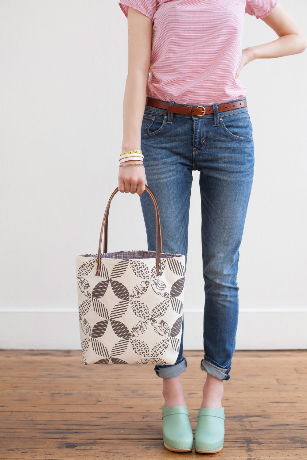 Double Wedding Ring Tote Bag in Charcoal, Hand Printed Canvas, Leather Straps