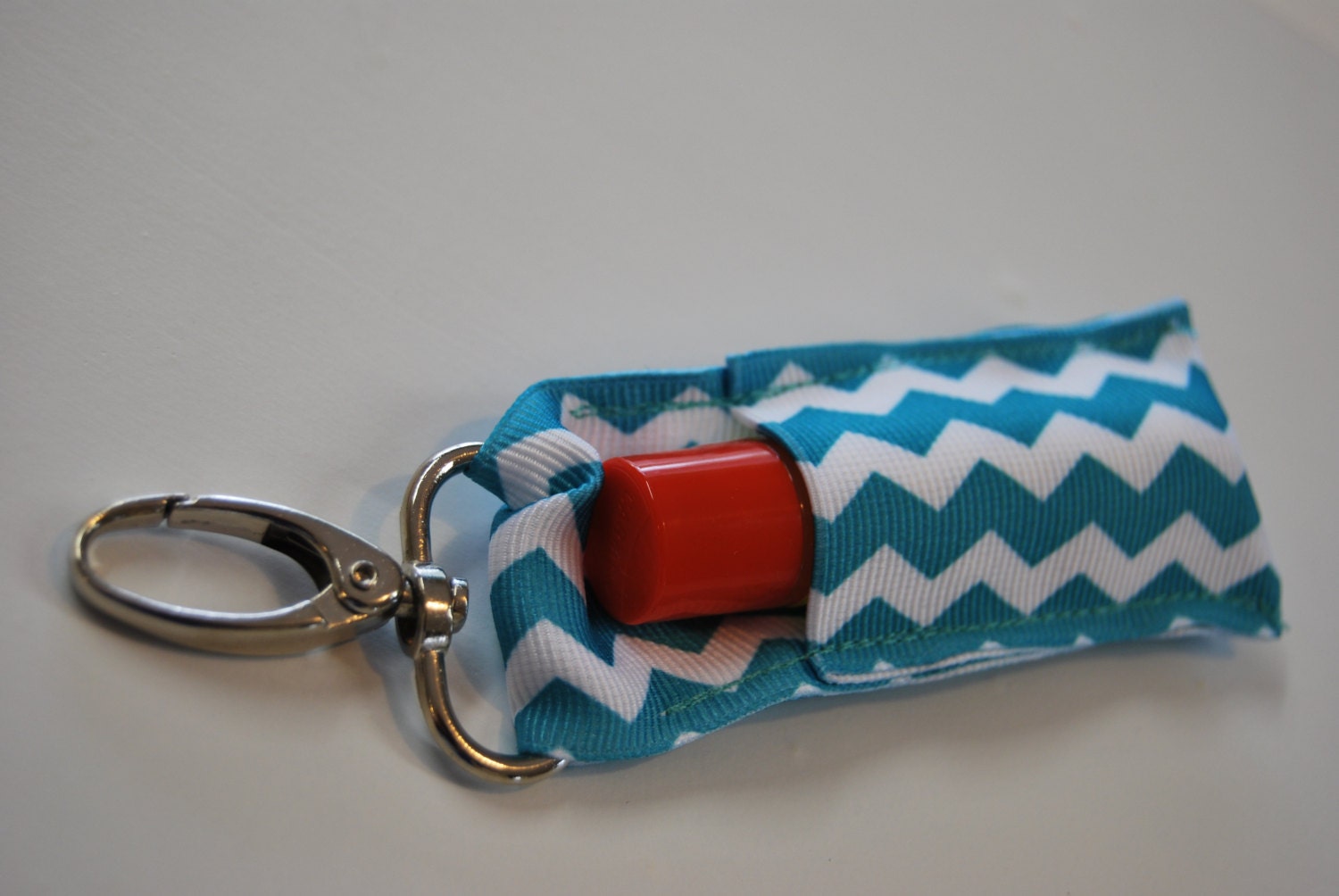 Aqua and White Chevron Key Fob Chapstick Holder