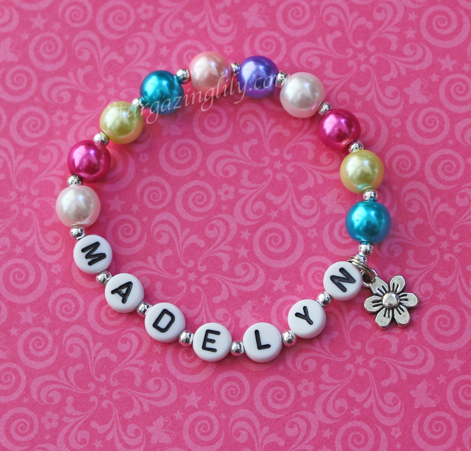 Spring Flower Charm Easter Bright Bold Glass Pearls Little Girl Bracelet Party Favor or Easter Basket Filler Personalized Name Bracelet