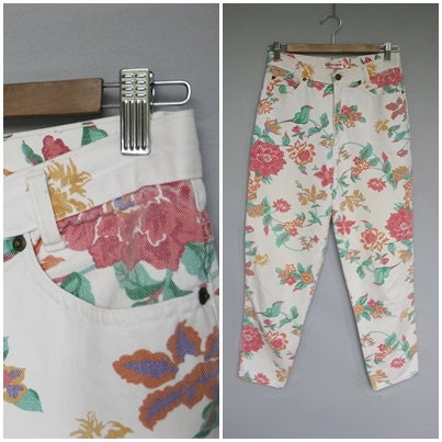 80s Floral Print High Waist 5 Pocket Jeans Skinny Leg 28 Small / Medium