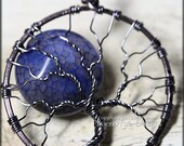Full Blue Moon Tree Fire Crack Agate Tree of Life Pendant Gunmetal Hematite Wire Wrapped Jewelry