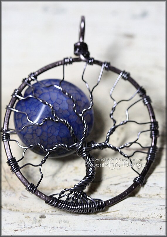 Full Blue Moon Tree Fire Crack Agate Tree of Life Pendant Gunmetal Hematite Wire Wrapped Jewelry
