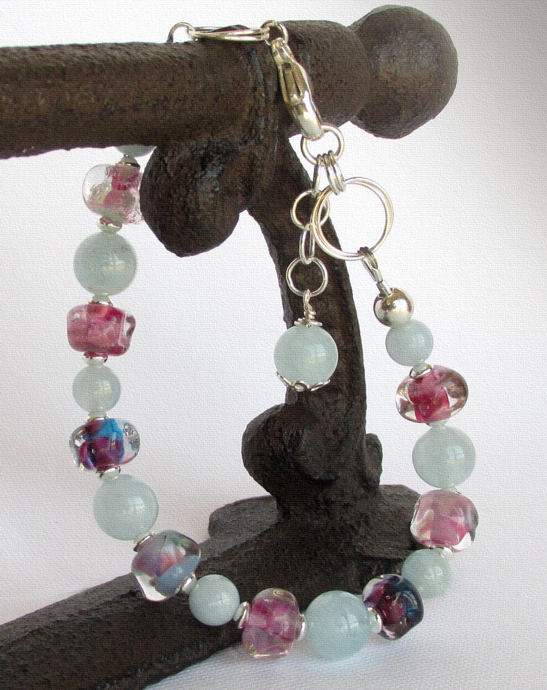 Aquamarine Bracelet, Lampwork Glass Bracelet with Sterling Silver, Adjustable Length
