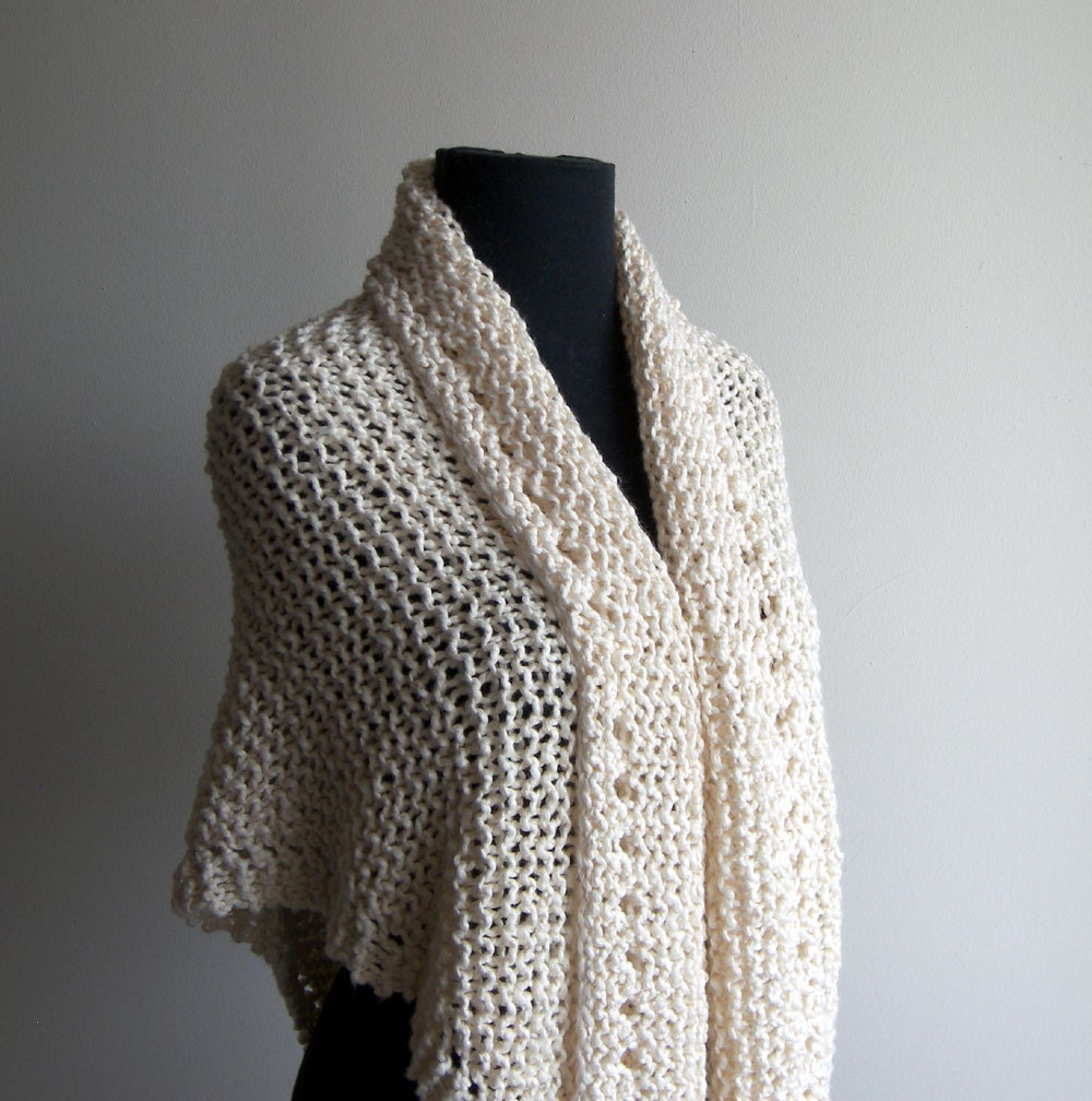 Hand Knit  Prayer Meditation Comfort Shawl Scarf Wrap, Cream, Bed Jacket, Organic Cotton, Spring Summer, Ready to Ship, FREE SHIPPING
