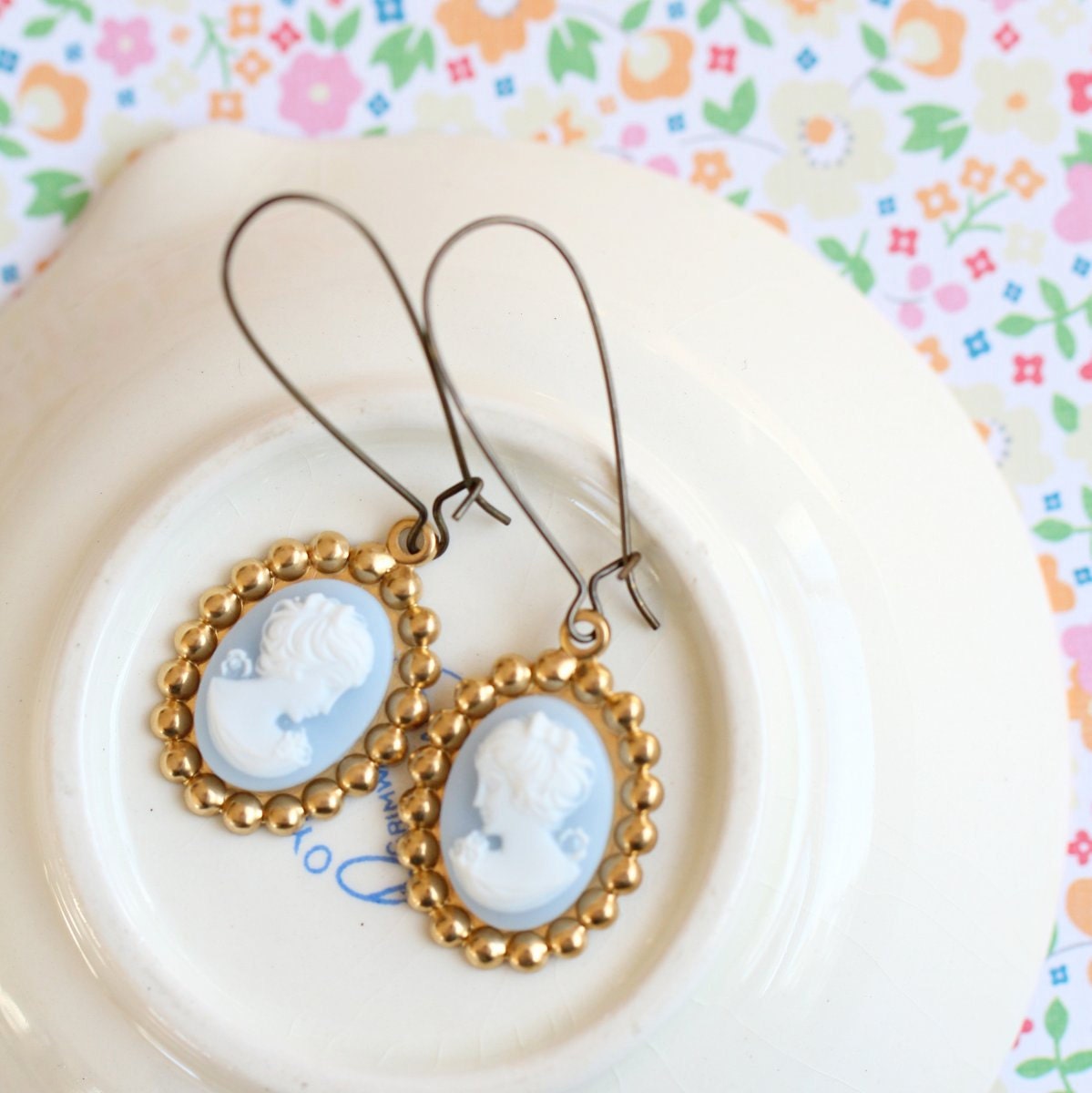 Long Pale Blue Cameo Earrings