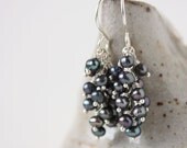 pearl earrings, blue grey cluster, sterling silver everyday jewelry