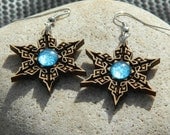 Mayan Star Earrings - Sky Sparkle Glass Gems - Laser Cut Alder Wood and Glass Jewelry - Aquamarine Glitter