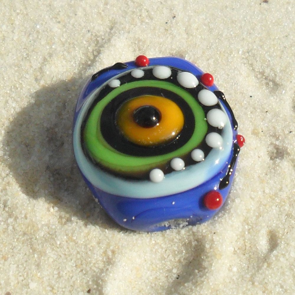 Lampwork Focal Bead, Dots Cobalt, Green, Red, Yellow, Handmade SRA LETEAM GLassymom