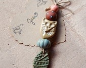 Sweet Owl / Forest Tone Ceramic Owl and Paisley Leaf Bead Set