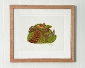 GRASS HOUSE Woodcut Print, Woodblock Print (Archivally Framed in Natural Oak with Mat)