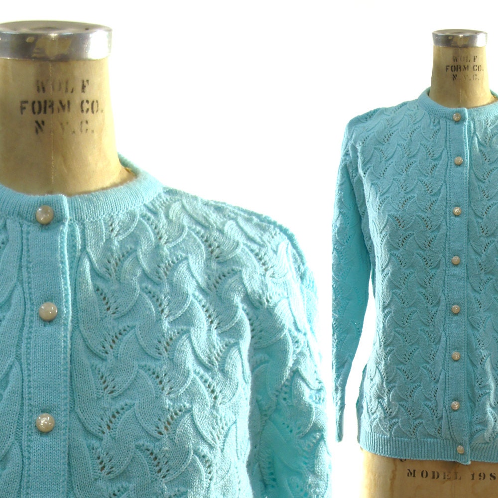 50s Pointelle Cardigan Sweater in Robin's Egg Blue